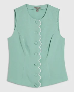 Green Linen Blend Scallop Trim Waistcoat