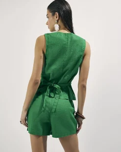 Green Linen Blend Tie Side Skort