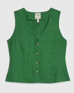 Green Linen Blend V-Neck Button Waistcoat