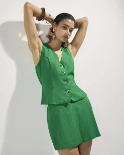 Green Linen Blend V-Neck Button Waistcoat