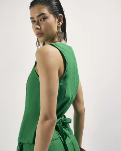 Green Linen Blend V-Neck Button Waistcoat