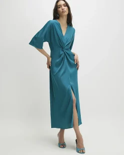 Green Long Sleeve Twist Front Midi Dress