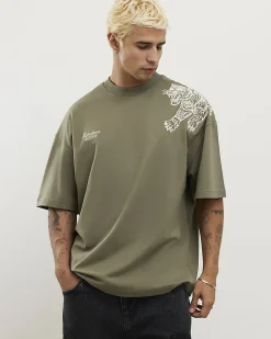 Green Oversized Cotton Tiger Roping T-Shirt