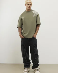Green Oversized Cotton Tiger Roping T-Shirt