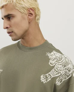Green Oversized Cotton Tiger Roping T-Shirt