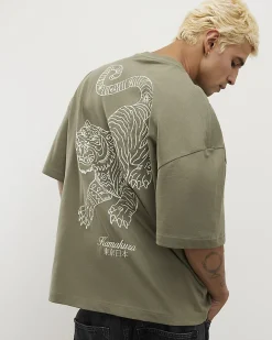 Green Oversized Cotton Tiger Roping T-Shirt