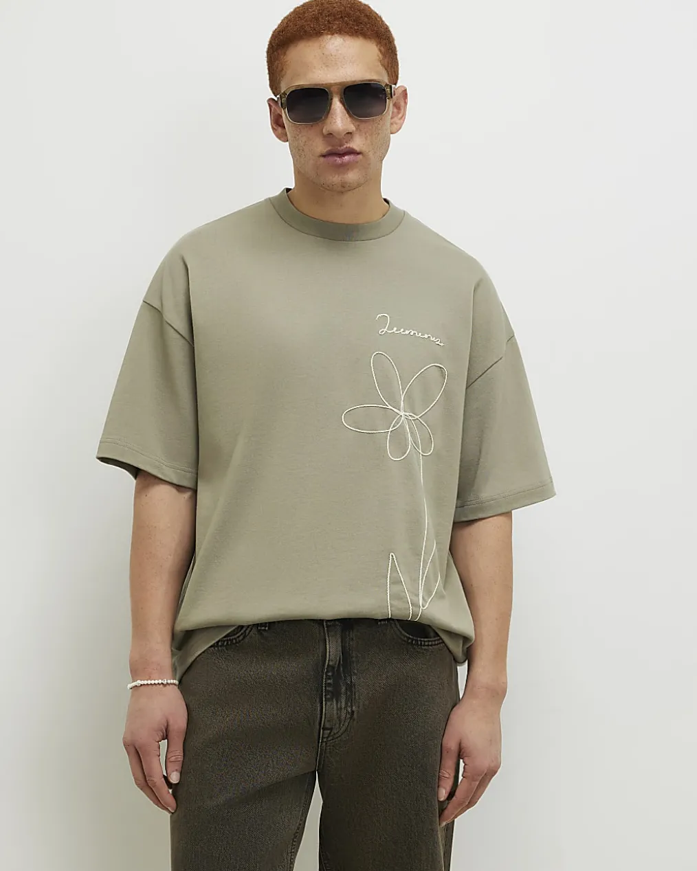Green Oversized Fit Floral Roping T-Shirt