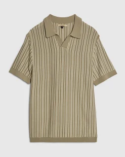 Green Pinstripe Open Collar Knit Shirt
