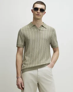 Green Pinstripe Open Collar Knit Shirt