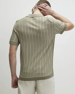 Green Pinstripe Open Collar Knit Shirt