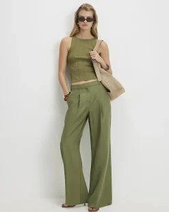Green Pleat Detail Wide Leg Trousers