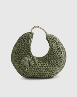 Green Raffia Metal Handle Scoop Bag
