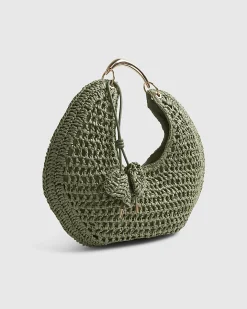 Green Raffia Metal Handle Scoop Bag