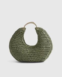 Green Raffia Metal Handle Scoop Bag