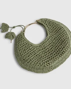 Green Raffia Metal Handle Scoop Bag