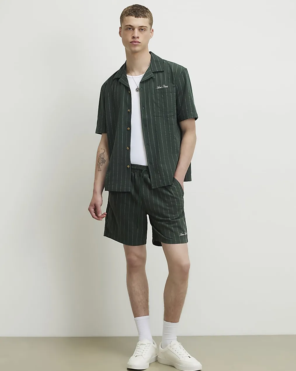 Green Regular Fit Stripe Shirt & Short Set