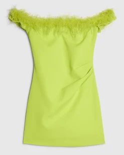 Green Satin Bardot Feather Trim Mini Dress