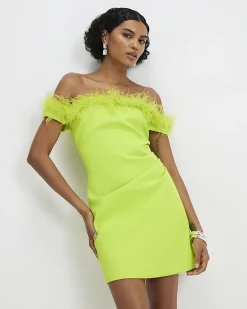 Green Satin Bardot Feather Trim Mini Dress