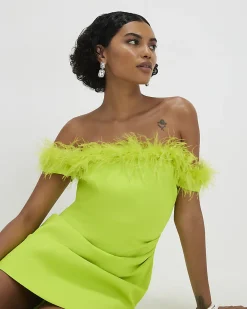 Green Satin Bardot Feather Trim Mini Dress