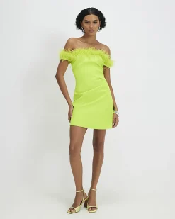 Green Satin Bardot Feather Trim Mini Dress