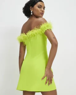 Green Satin Bardot Feather Trim Mini Dress