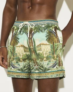 Green Short Length Palm Print Swim Shorts