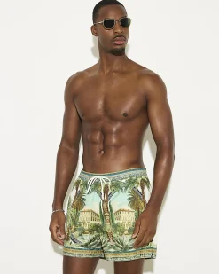 Green Short Length Palm Print Swim Shorts