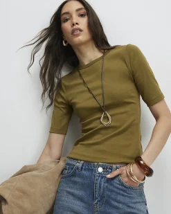 Green Short Sleeve Cotton Fitted Top