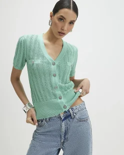 Green Short Sleeve Crochet Knit Cardigan