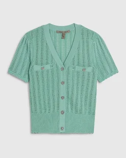 Green Short Sleeve Crochet Knit Cardigan