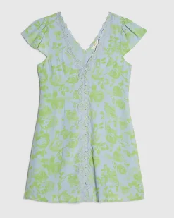 Green Short Sleeve Floral Print Mini Dress