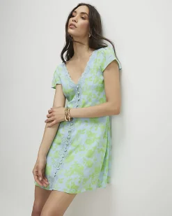 Green Short Sleeve Floral Print Mini Dress