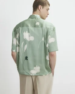 Green Short Sleeve Satin Floral Shirt