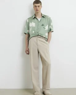 Green Short Sleeve Satin Floral Shirt