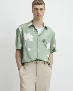 Green Short Sleeve Satin Floral Shirt