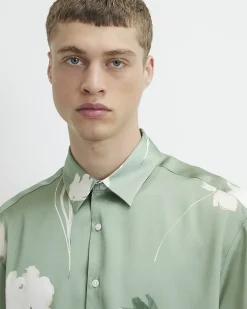 Green Short Sleeve Satin Floral Shirt