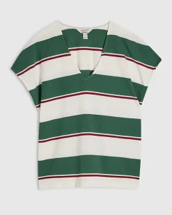 Green Short Sleeve Striped V Neck T-shirt