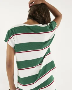 Green Short Sleeve Striped V Neck T-shirt