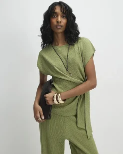 Green Short Sleeve Textured Twist Front Top
