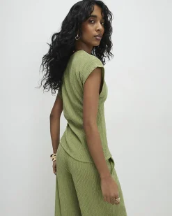 Green Short Sleeve Textured Twist Front Top