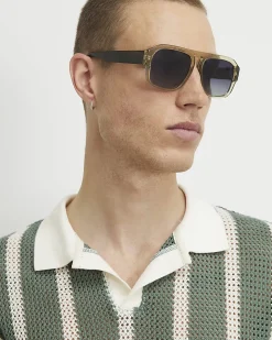 Green Slim Fit Crochet Open Neck Shirt