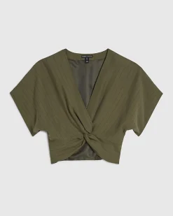 Green Stripe Knot Front Tailored Top