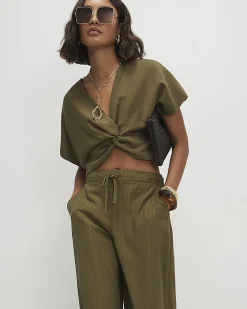 Green Stripe Knot Front Tailored Top