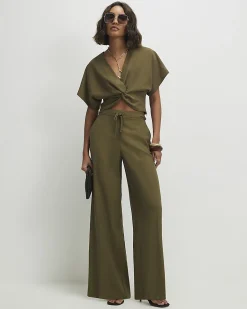 Green Stripe Knot Front Tailored Top