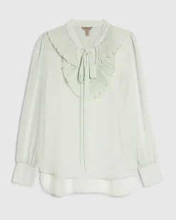 Green Tie Neck Long Sleeve Blouse