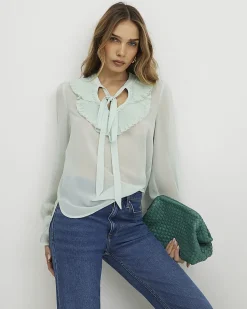 Green Tie Neck Long Sleeve Blouse