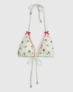 Green Triangle Floral Lace Trim Bikini Top