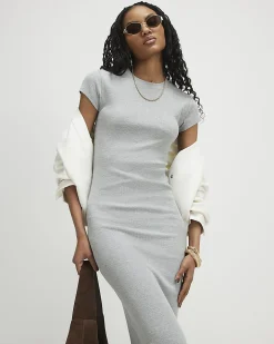 Grey Cap Sleeve Rib Midi T-Shirt Dress