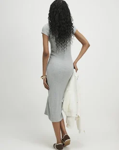 Grey Cap Sleeve Rib Midi T-Shirt Dress