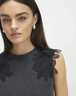 Grey Cotton Blend Cosy Lace Shoulder Top